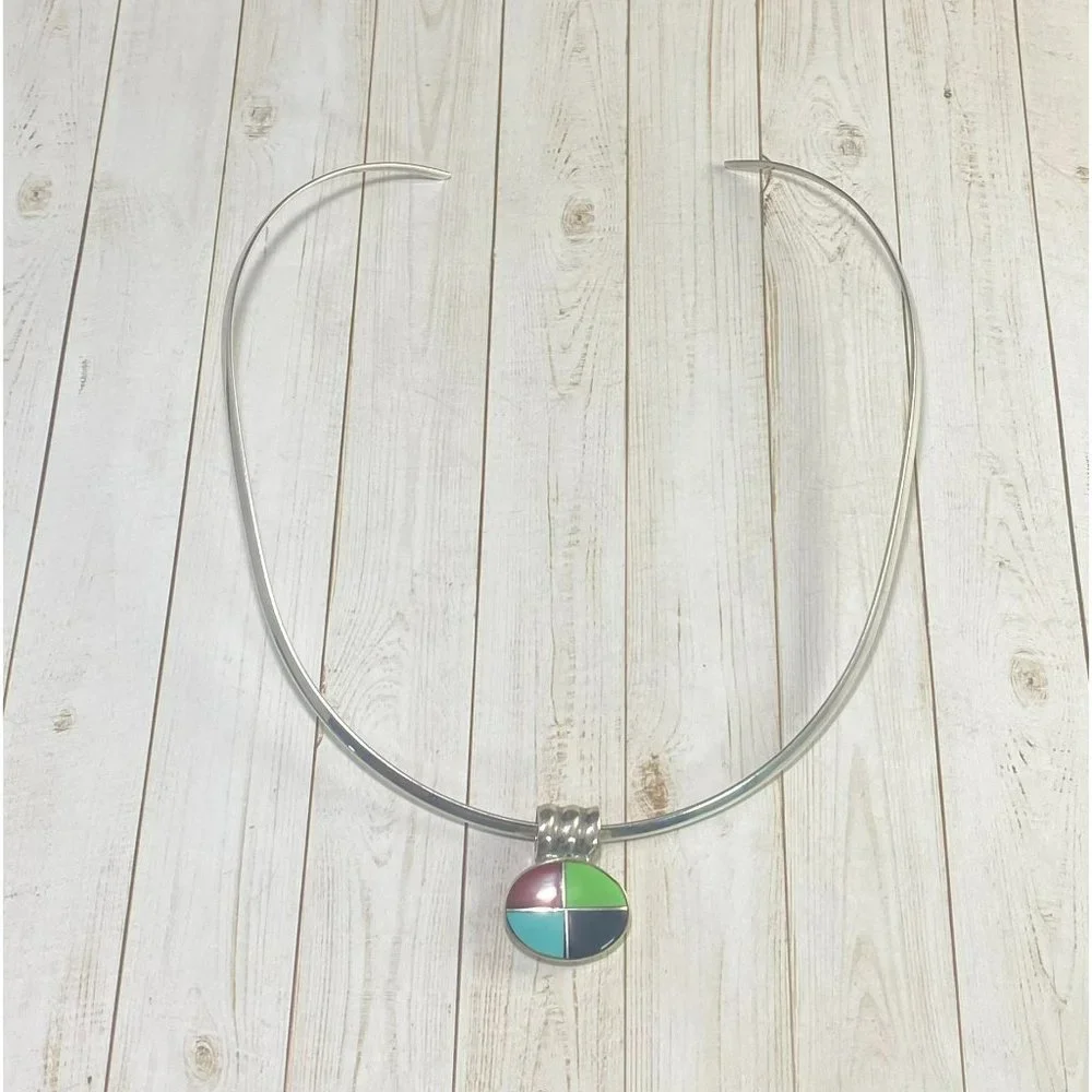 Vintage 925 Choker Necklace Multi Gemstone Pendant Modernist 15 inches - Picture 3 of 7